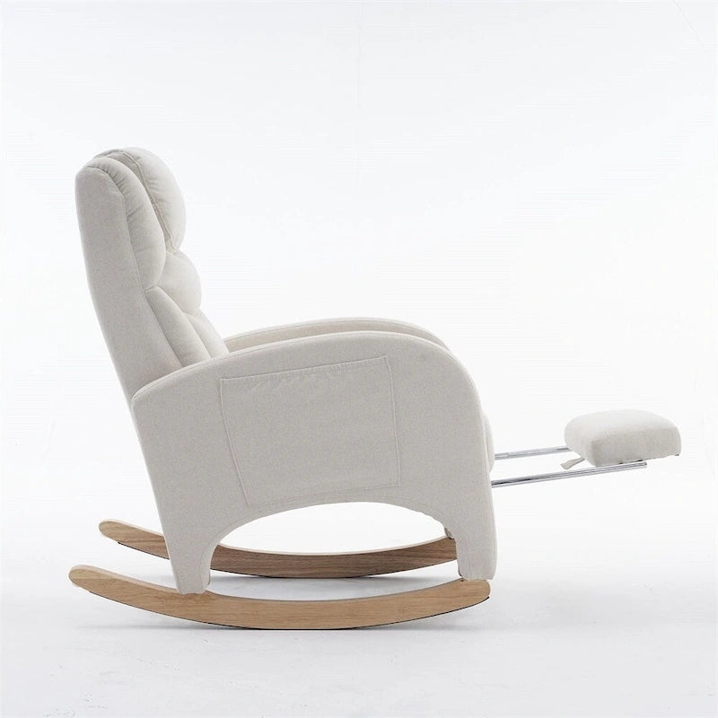 Teddy & Linen Fabric Nursery Rocking Chair with Adjustable Footrest & Pocket