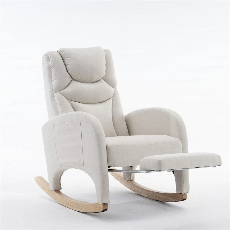 Teddy & Linen Fabric Nursery Rocking Chair with Adjustable Footrest & Pocket