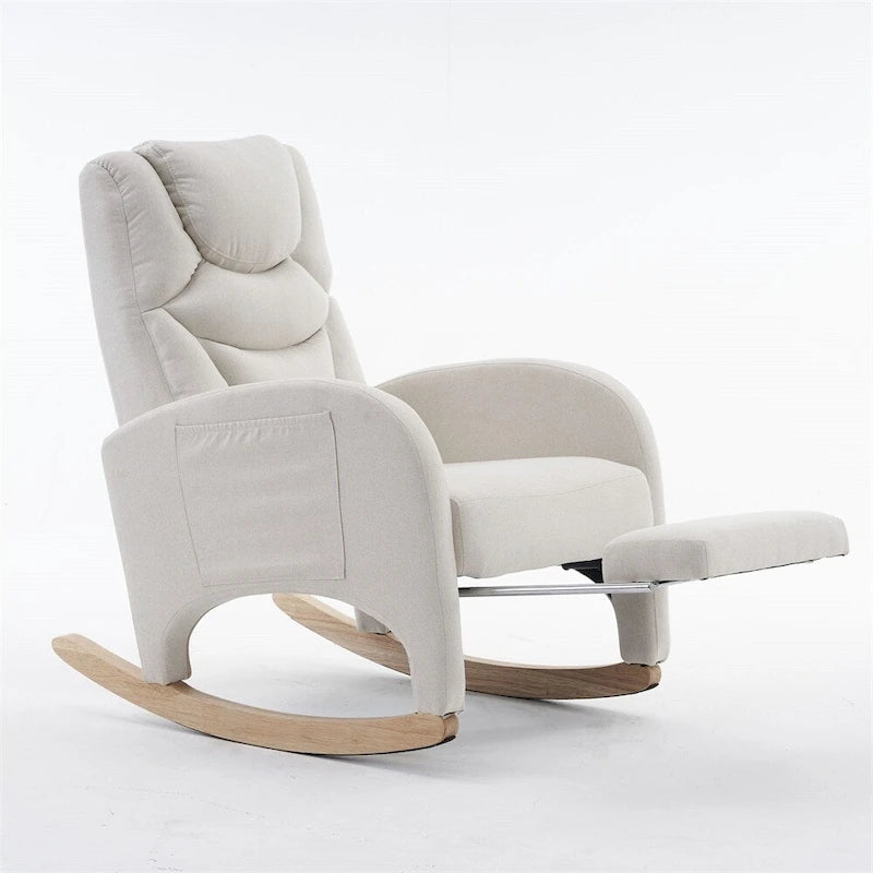 Teddy & Linen Fabric Nursery Rocking Chair with Adjustable Footrest & Pocket