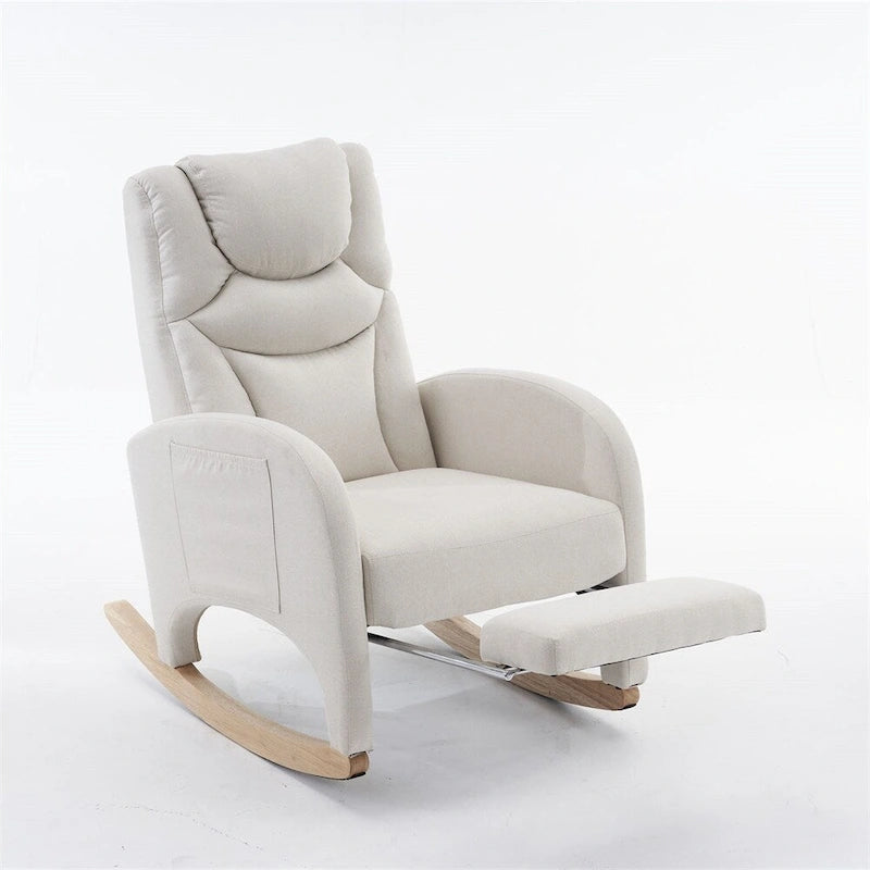 Teddy & Linen Fabric Nursery Rocking Chair with Adjustable Footrest & Pocket