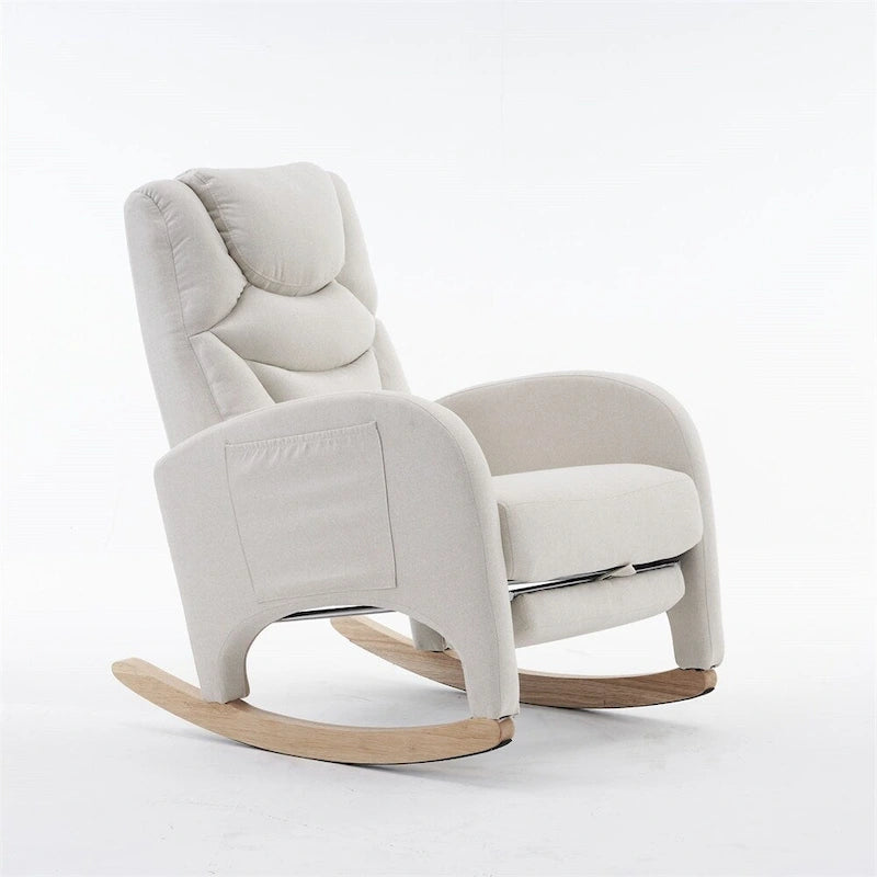 Teddy & Linen Fabric Nursery Rocking Chair with Adjustable Footrest & Pocket