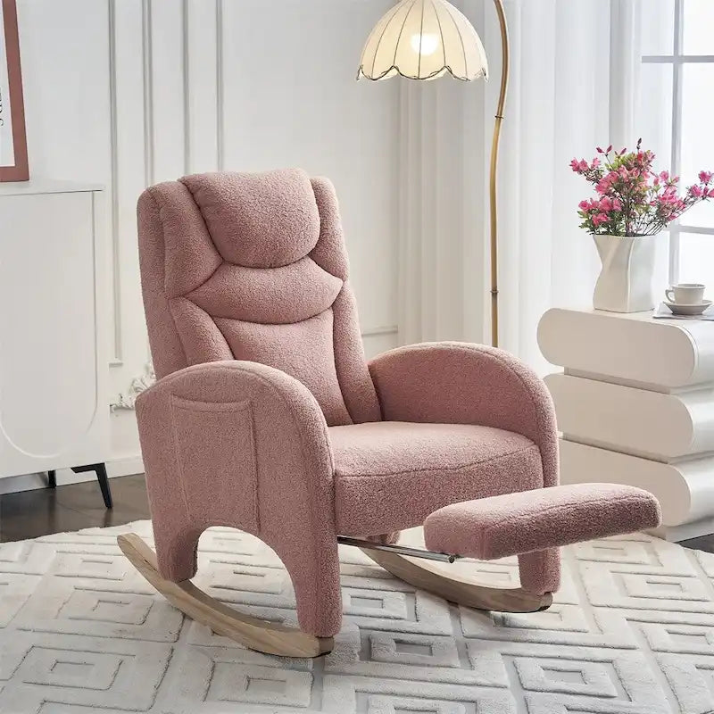 Teddy & Linen Fabric Nursery Rocking Chair with Adjustable Footrest & Pocket