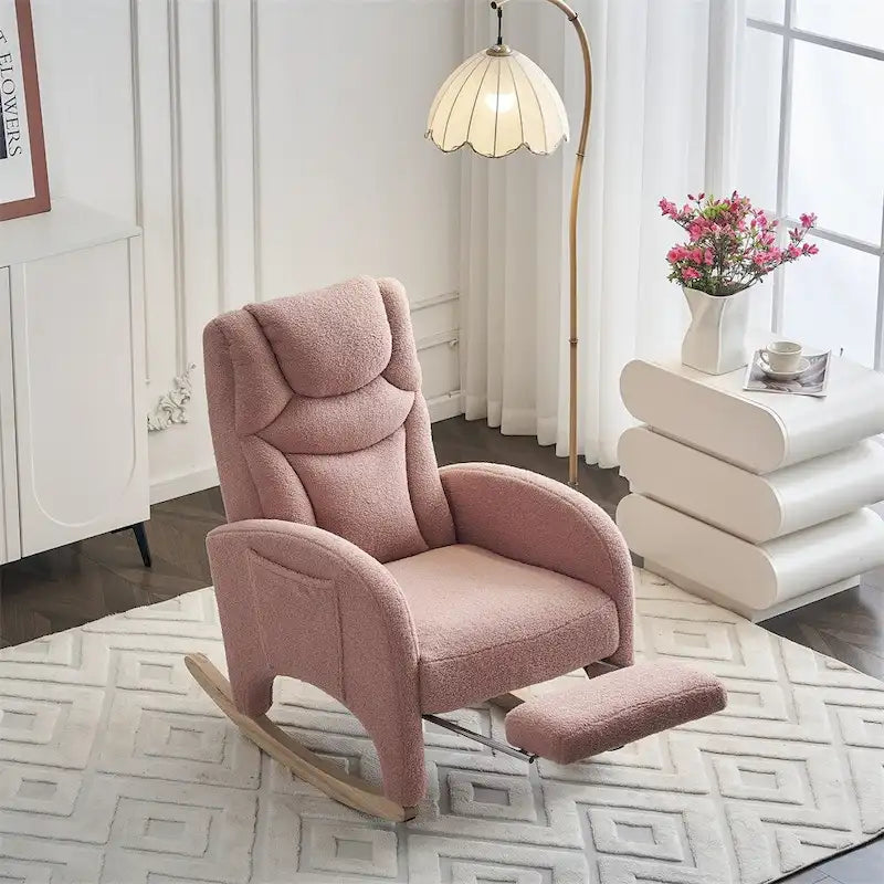 Teddy & Linen Fabric Nursery Rocking Chair with Adjustable Footrest & Pocket