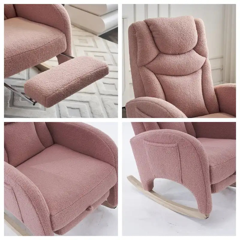 Teddy & Linen Fabric Nursery Rocking Chair with Adjustable Footrest & Pocket