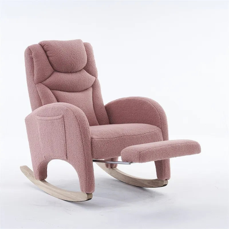 Teddy & Linen Fabric Nursery Rocking Chair with Adjustable Footrest & Pocket