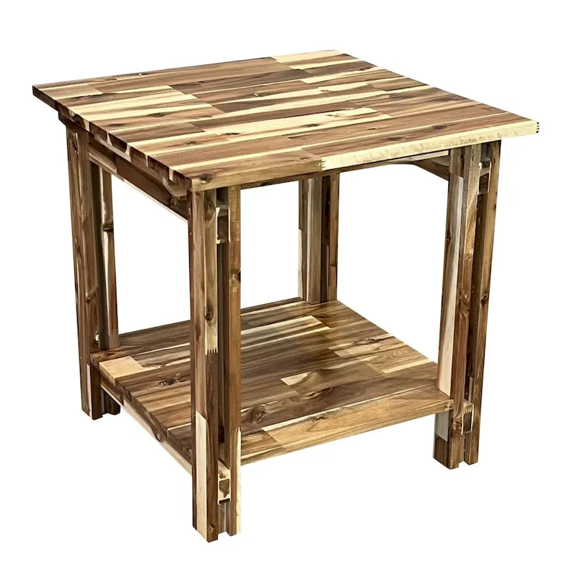 Solid Acacia Wood End Table with Bottom Shelf & Double Plank Legs