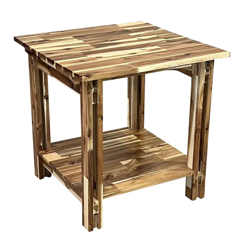 Solid Acacia Wood End Table with Bottom Shelf & Double Plank Legs