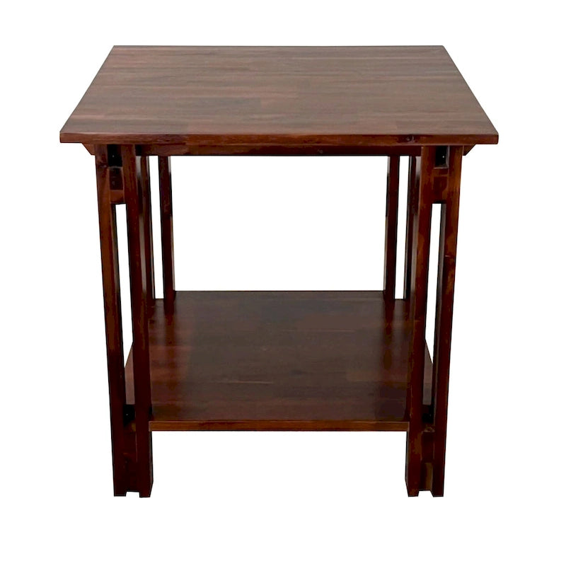 Solid Acacia Wood End Table with Bottom Shelf & Double Plank Legs