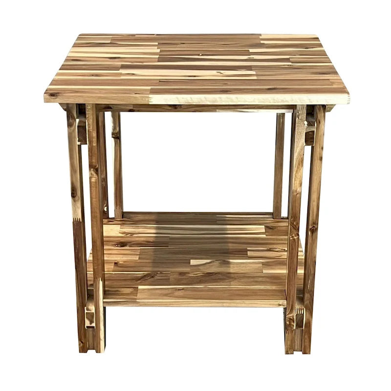 Solid Acacia Wood End Table with Bottom Shelf & Double Plank Legs