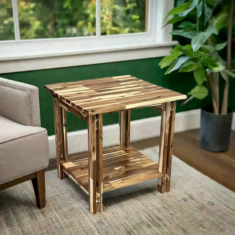 Solid Acacia Wood End Table with Bottom Shelf & Double Plank Legs