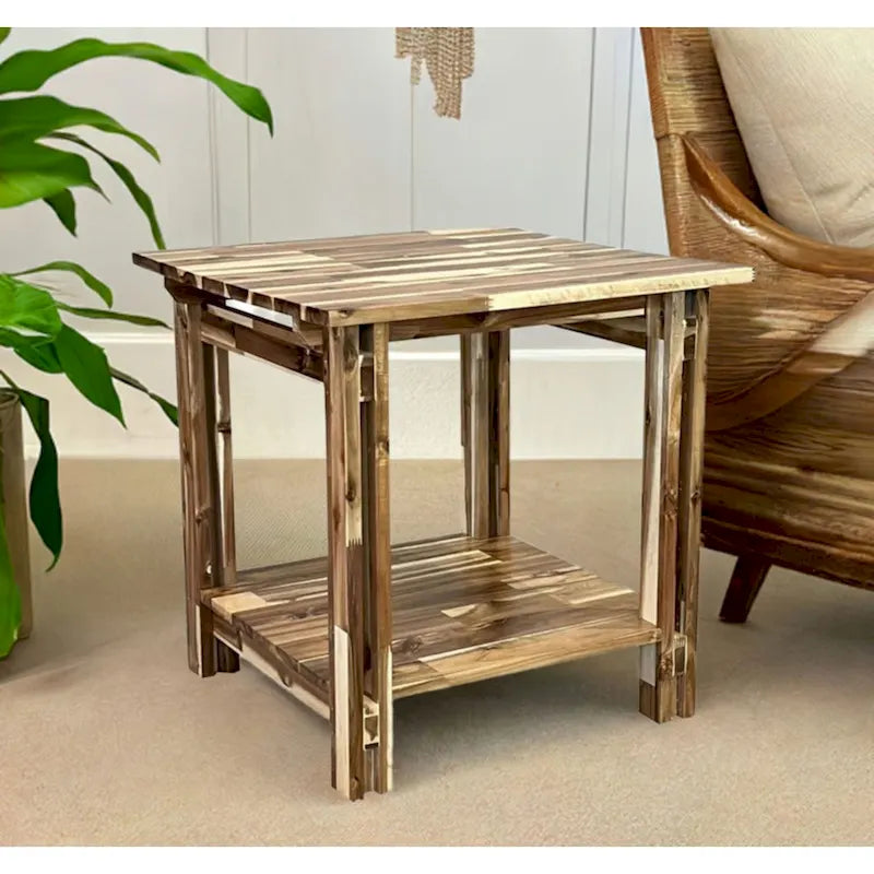 Solid Acacia Wood End Table with Bottom Shelf & Double Plank Legs