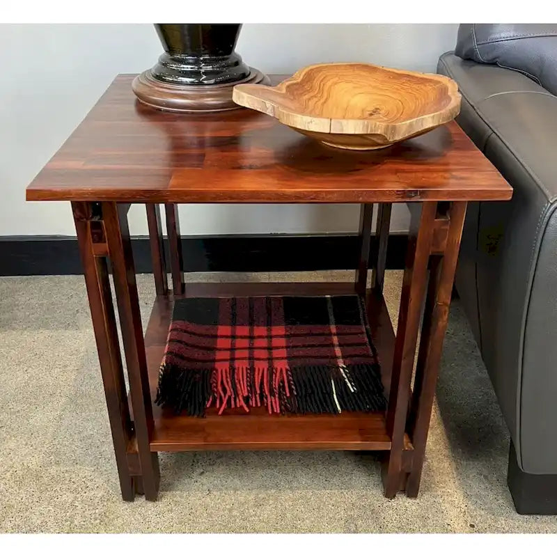 Solid Acacia Wood End Table with Bottom Shelf & Double Plank Legs