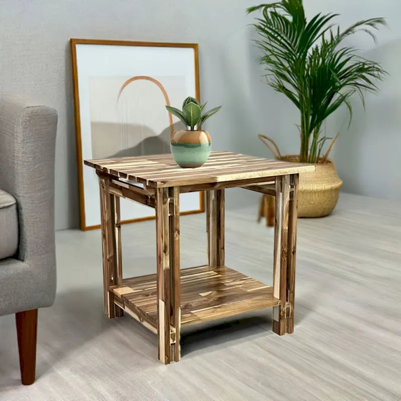 Solid Acacia Wood End Table with Bottom Shelf & Double Plank Legs