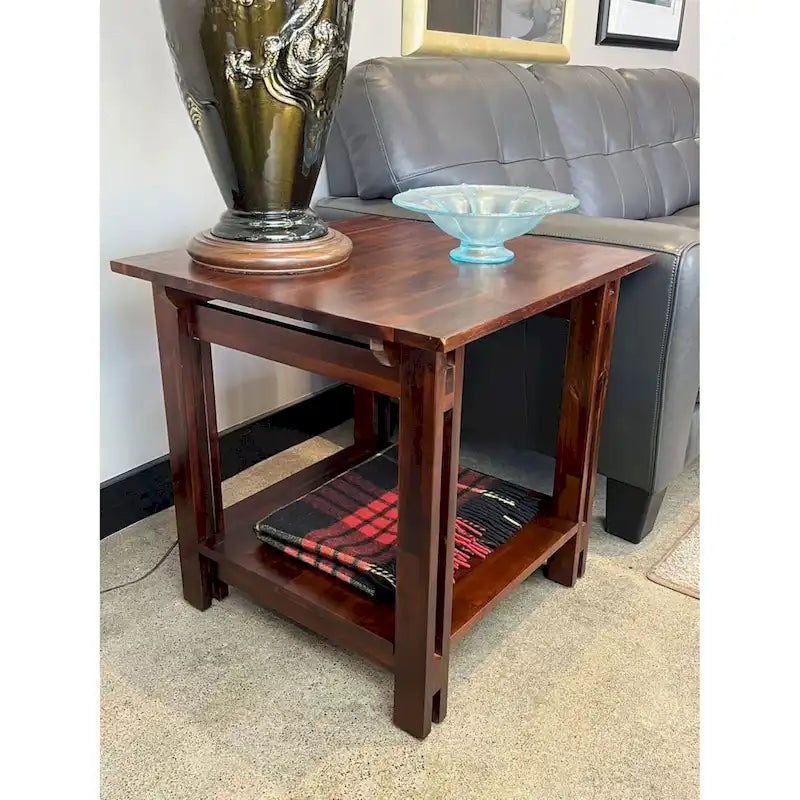 Solid Acacia Wood End Table with Bottom Shelf & Double Plank Legs