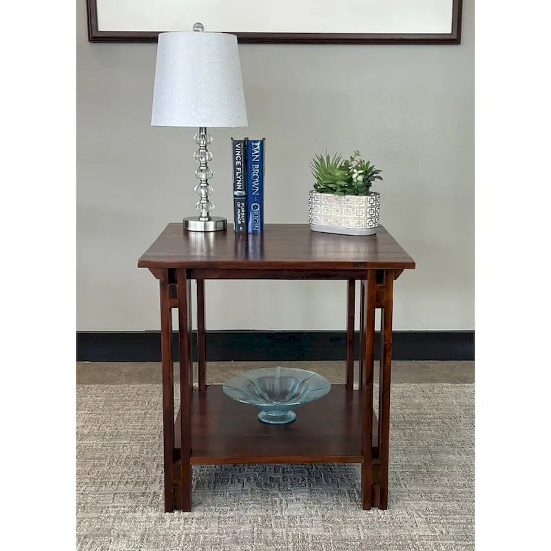 Solid Acacia Wood End Table with Bottom Shelf & Double Plank Legs
