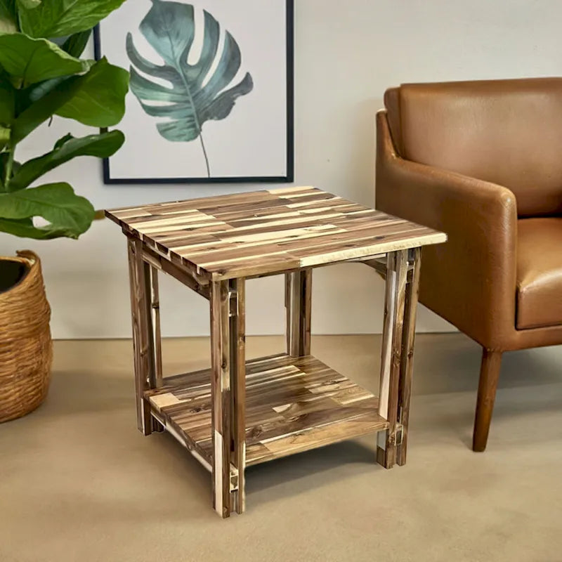 Solid Acacia Wood End Table with Bottom Shelf & Double Plank Legs