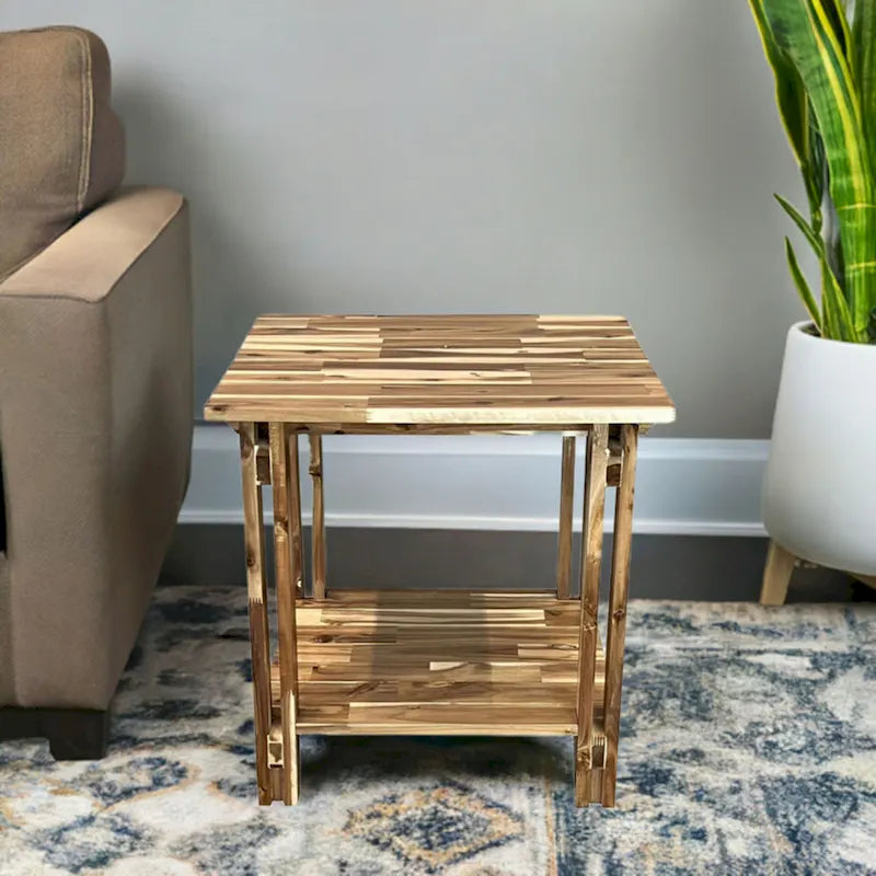 Solid Acacia Wood End Table with Bottom Shelf & Double Plank Legs
