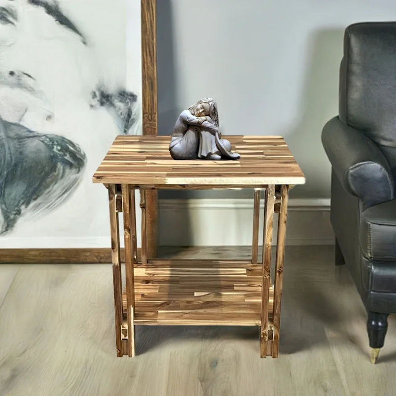 Solid Acacia Wood End Table with Bottom Shelf & Double Plank Legs