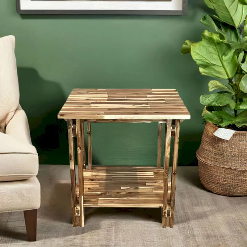 Solid Acacia Wood End Table with Bottom Shelf & Double Plank Legs