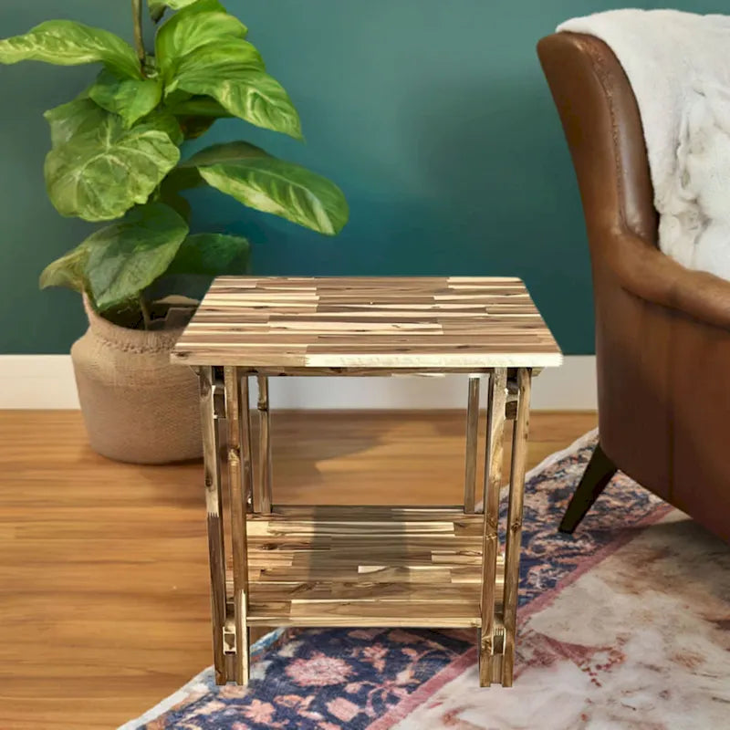 Solid Acacia Wood End Table with Bottom Shelf & Double Plank Legs