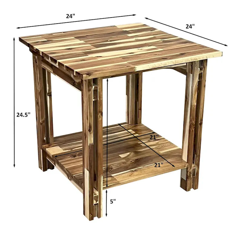 Solid Acacia Wood End Table with Bottom Shelf & Double Plank Legs