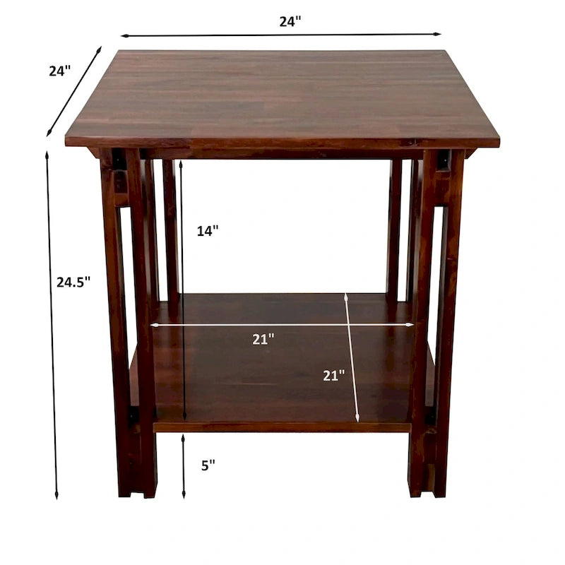 Solid Acacia Wood End Table with Bottom Shelf & Double Plank Legs