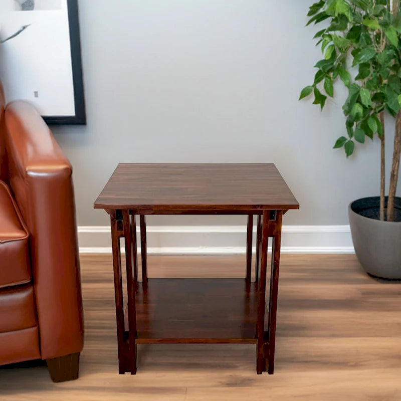 Solid Acacia Wood End Table with Bottom Shelf & Double Plank Legs