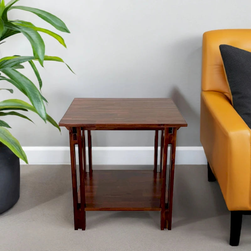 Solid Acacia Wood End Table with Bottom Shelf & Double Plank Legs