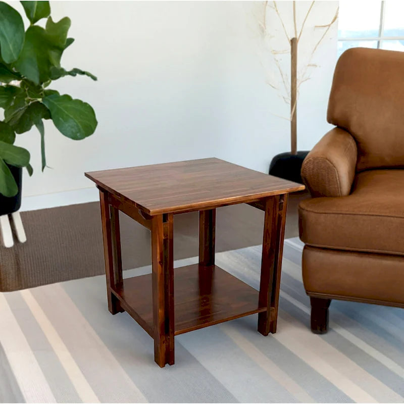 Solid Acacia Wood End Table with Bottom Shelf & Double Plank Legs