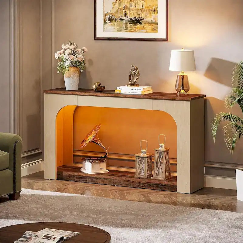 Console Sofa Table with Integrated LED Lighting & Open Shelf 55"