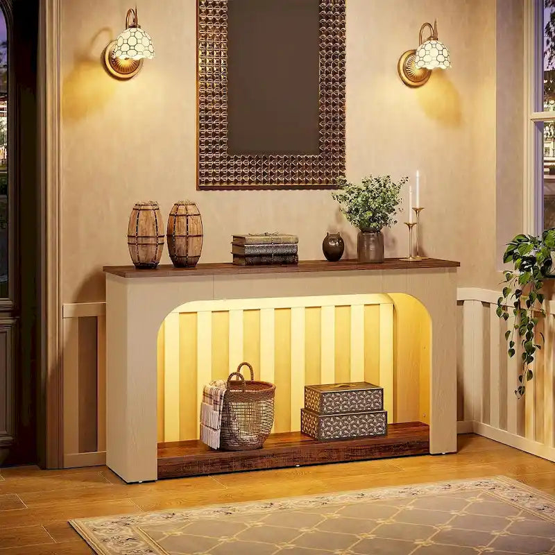 Console Sofa Table with Integrated LED Lighting & Open Shelf 55"