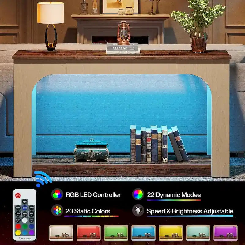 Console Sofa Table with Integrated LED Lighting & Open Shelf 55"