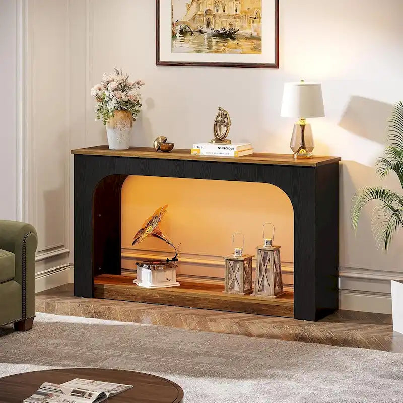 Console Sofa Table with Integrated LED Lighting & Open Shelf 55"