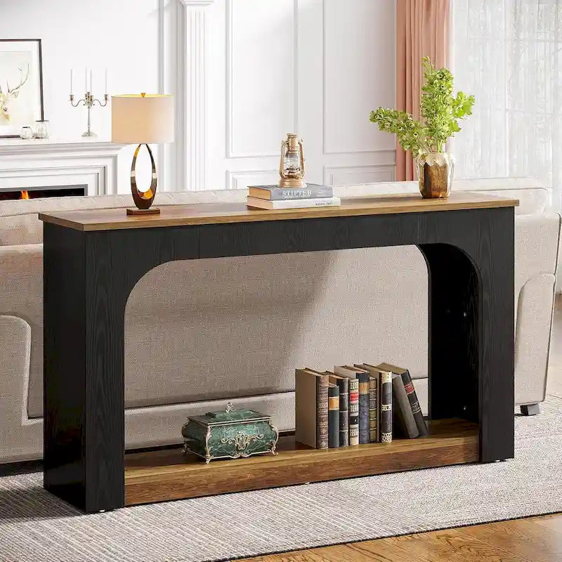 Console Sofa Table with Integrated LED Lighting & Open Shelf 55"