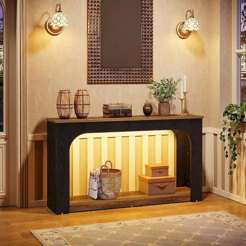 Console Sofa Table with Integrated LED Lighting & Open Shelf 55"
