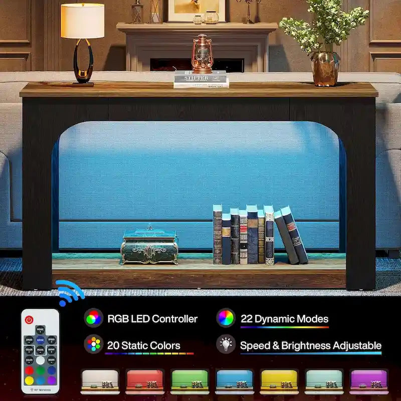 Console Sofa Table with Integrated LED Lighting & Open Shelf 55"