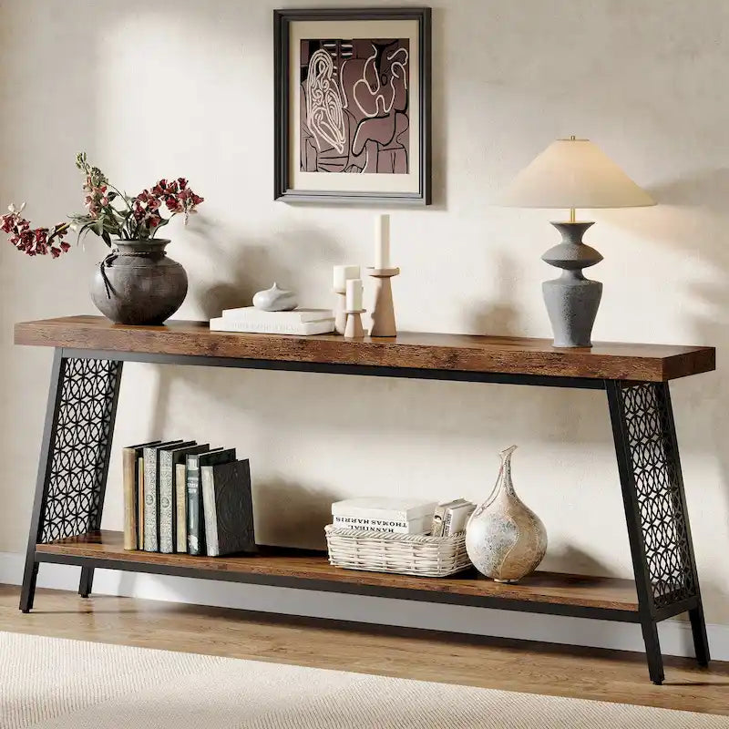 Wood & Metal 2-Tier Industrial Console Table 70.9"