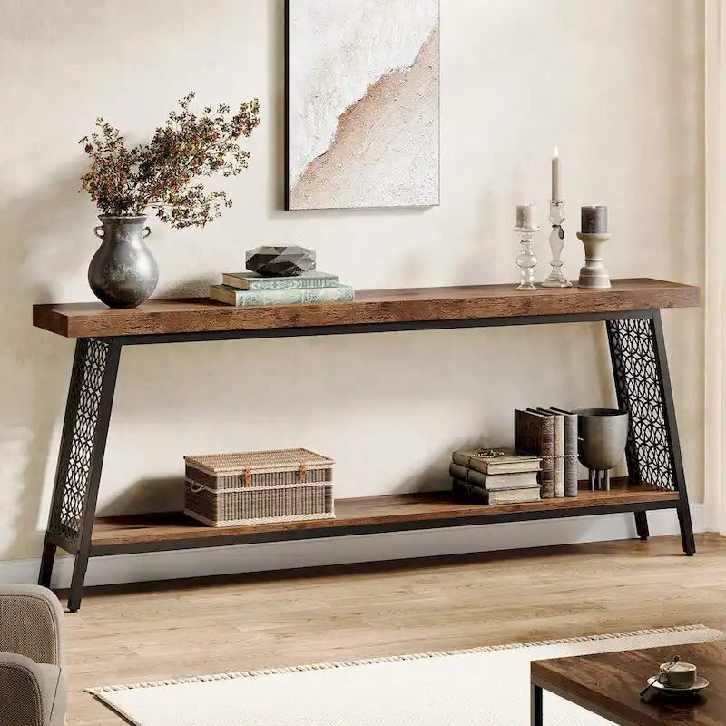Wood & Metal 2-Tier Industrial Console Table 70.9"