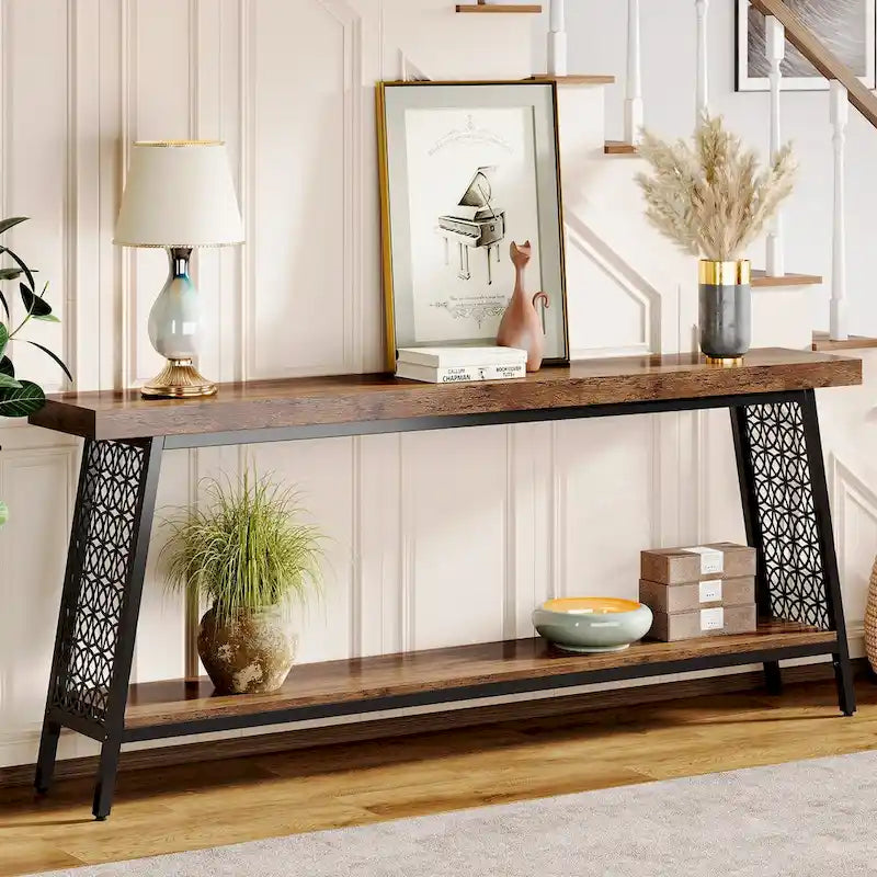 Wood & Metal 2-Tier Industrial Console Table 70.9"