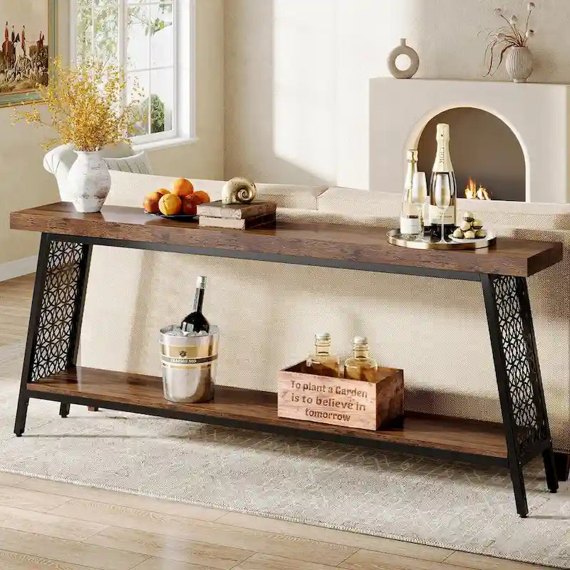 Wood & Metal 2-Tier Industrial Console Table 70.9"