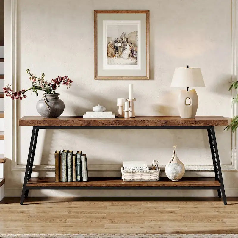 Wood & Metal 2-Tier Industrial Console Table 70.9"