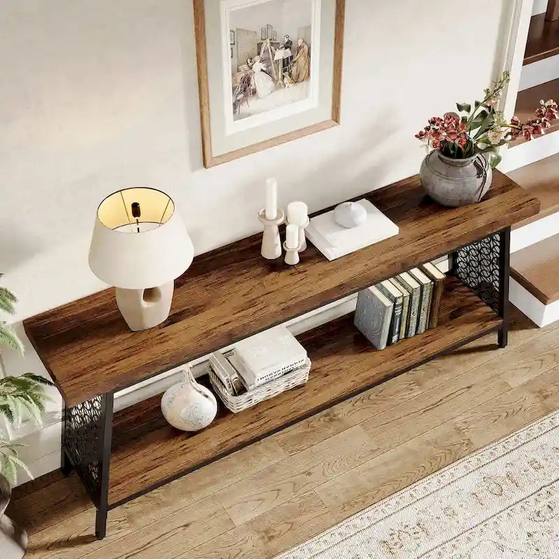 Wood & Metal 2-Tier Industrial Console Table 70.9"