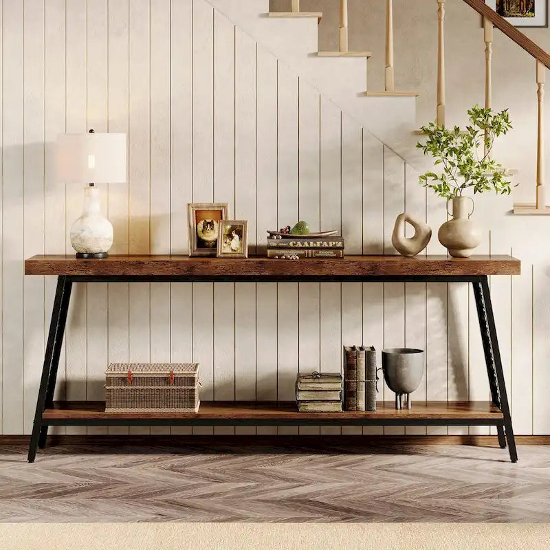 Wood & Metal 2-Tier Industrial Console Table 70.9"