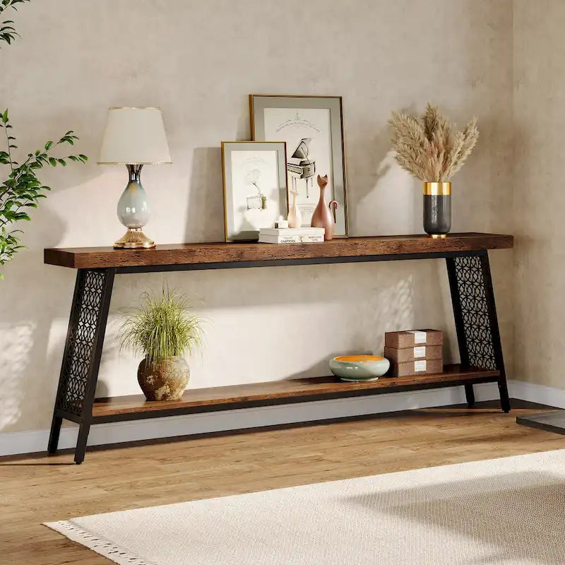 Wood & Metal 2-Tier Industrial Console Table 70.9"