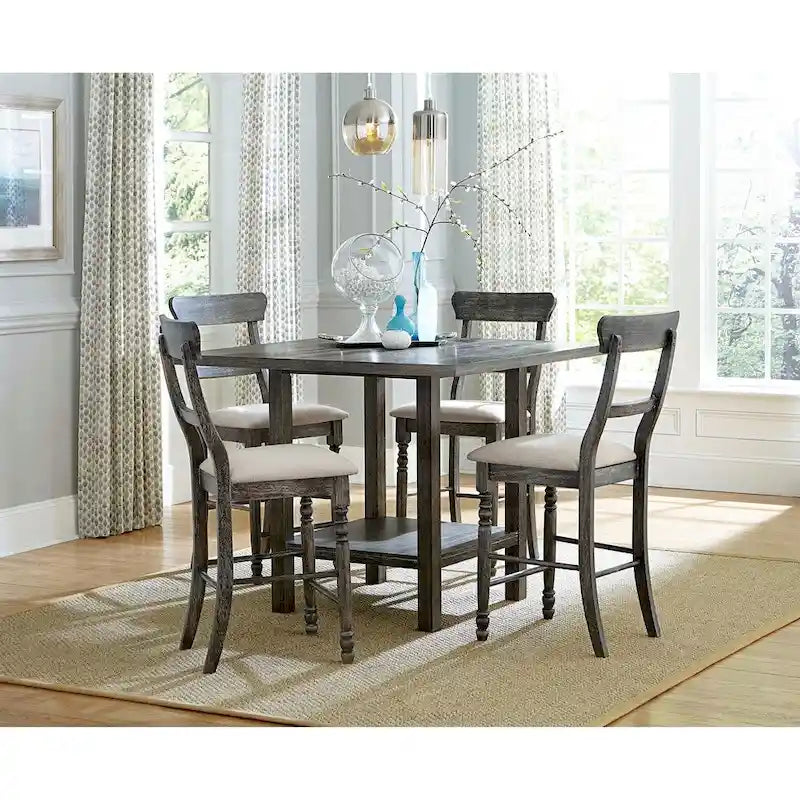 Oak & Veneer Square Counter Table with Double Pedestal Base - Distressed Grey 45"