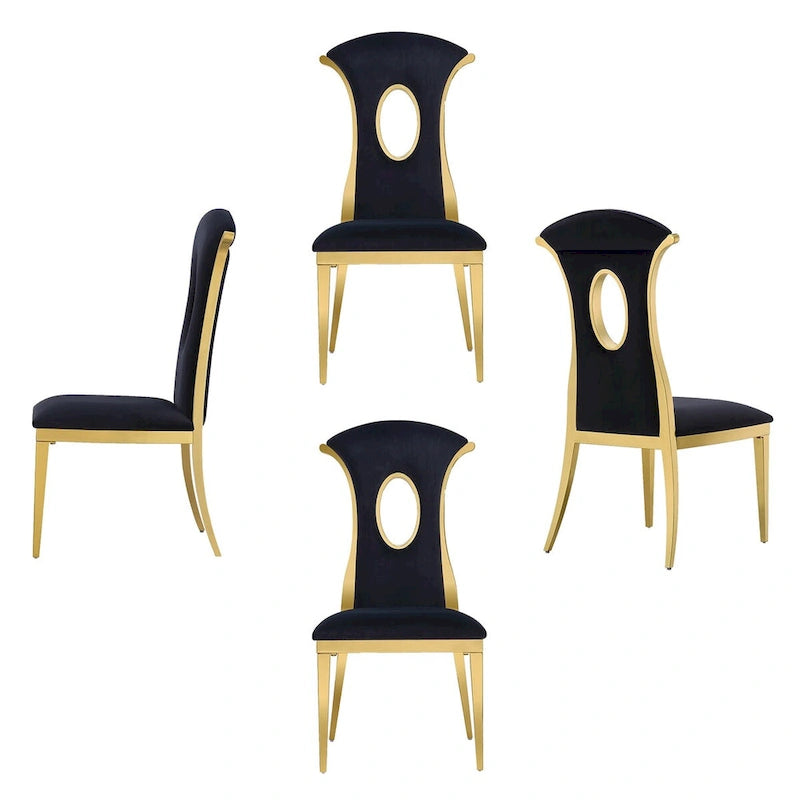 Black Velvet & Mirrored Gold Stainless Steel High-Back Dining Chair with Oval Cutout - Set of 2/4/6