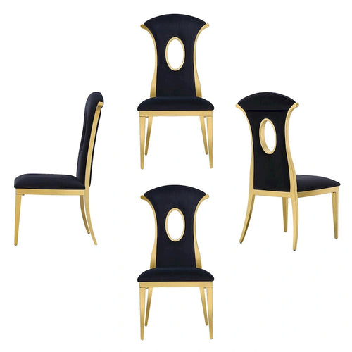 Chaise de salle à manger haute en velours noir et acier inoxydable doré effet miroir avec découpe ovale – Lot de 2/4/6