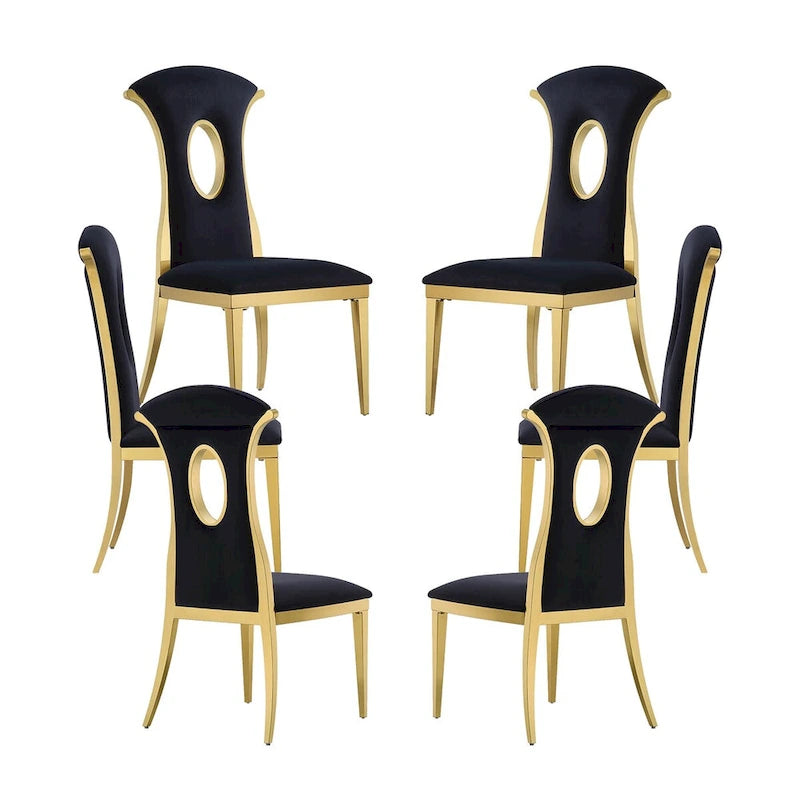 Black Velvet & Mirrored Gold Stainless Steel High-Back Dining Chair with Oval Cutout - Set of 2/4/6