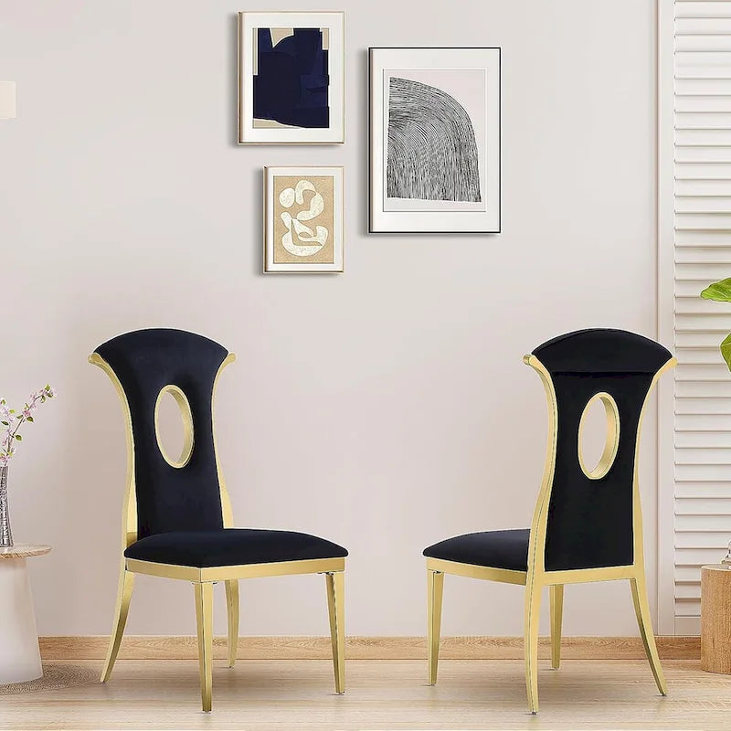 Black Velvet & Mirrored Gold Stainless Steel High-Back Dining Chair with Oval Cutout - Set of 2/4/6