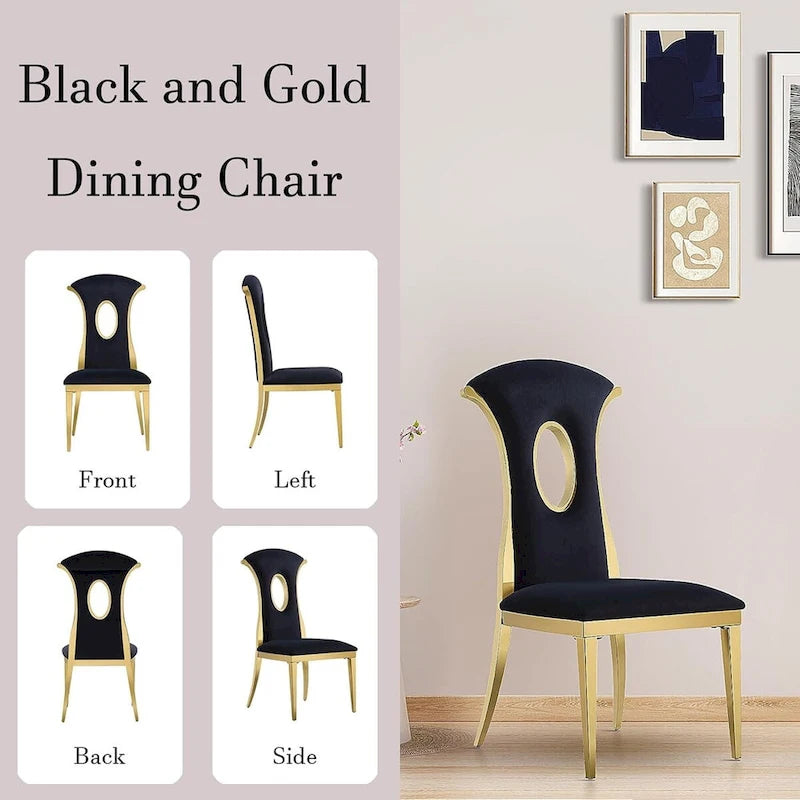 Black Velvet & Mirrored Gold Stainless Steel High-Back Dining Chair with Oval Cutout - Set of 2/4/6